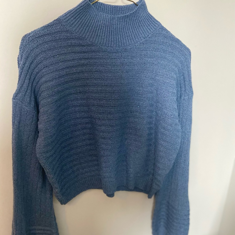Blue drop shoulder high neck knitted sweater